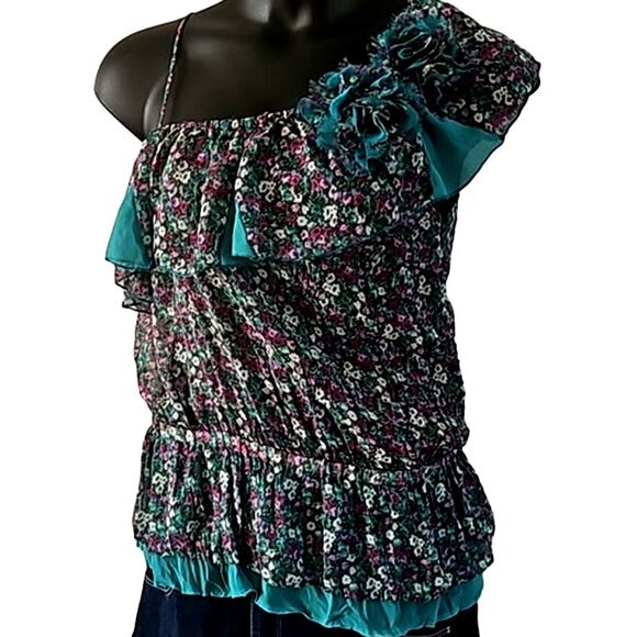 Excellent Lulumari Women’s Asymmetrical Ruffle Short Sleeve Blouse Size Large - Picture 11 of 11